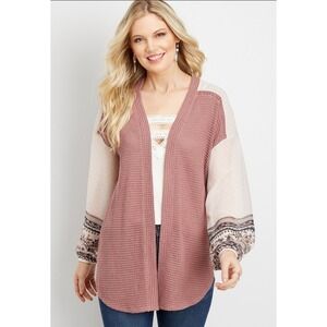 Maurices Women's Size Medium Waffle Knit Pink Cardigan Floral Sheer Sleeves